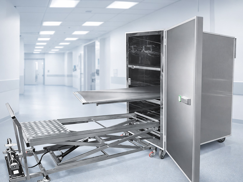 Komora chłodnicza na 3 ciała z tacą i z wózkiem hydraulicznym